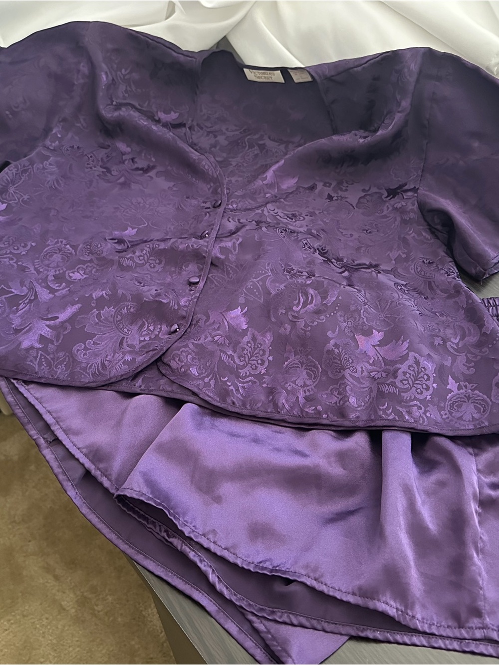Pre-loved Vintage Victoria Secrets Purple Satin Brocade Short Pajama Set